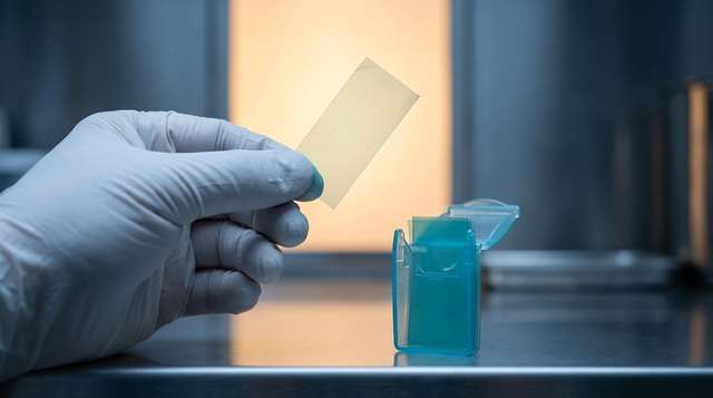 Gloved hand holding a single unit at the inspection bench